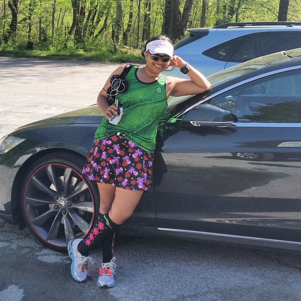 George let me model on his Tesla after the run :)  (Perfect outfit to model with my InkNBurn top and SparkleSkirt and ProCompression socks)